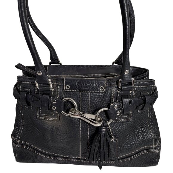 COACH Black Leather Hamptons Braided Tassel Shoulder Bag Tote w 